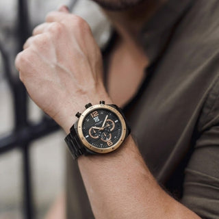 T5 Gold-Bezel Black Steel Multi-Dial Chronograph Watch