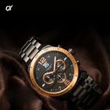 T5 Gold-Bezel Black Steel Multi-Dial Chronograph Watch
