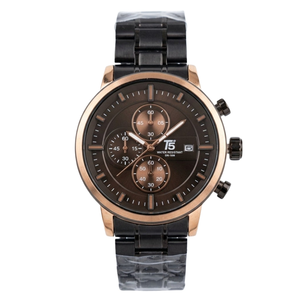 T5 Gold-Bezel Black Steel Multi-Dial Chronograph Watch